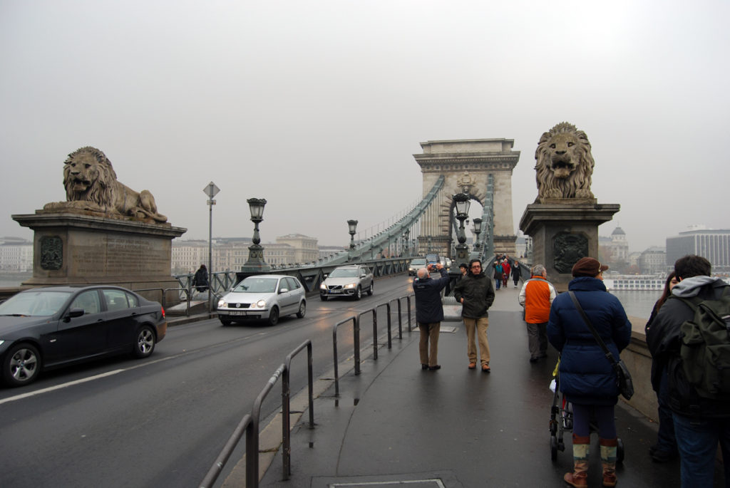 Budapest Chain Bridge (Lanczhid) guarded by lions.